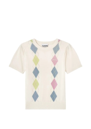 GANNI argyle-pattern puff-sleeve T-shirt - White