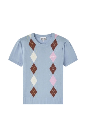 GANNI argyle-pattern puff-sleeve T-shirt - Blue