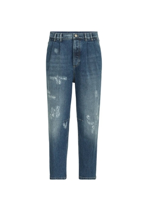 Brunello Cucinelli comfort cotton denim iconic-fit five-pocket trousers with double pleats and rips - Blue