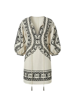 SCARLETT POPPIES Portofina embroidered balloon-sleeve mini dress - Neutrals