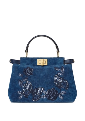FENDI mini Peekaboo floral-embroidered denim tote bag - Blue