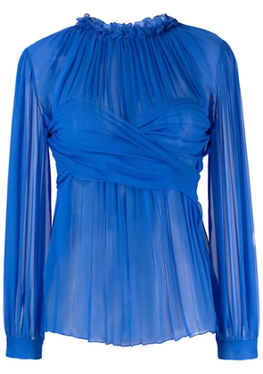 Alberta Ferretti ruched sheer ruffle-neck blouse - Blue