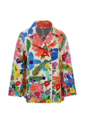 Pero bead-embroidered floral-print double-breasted coat - White