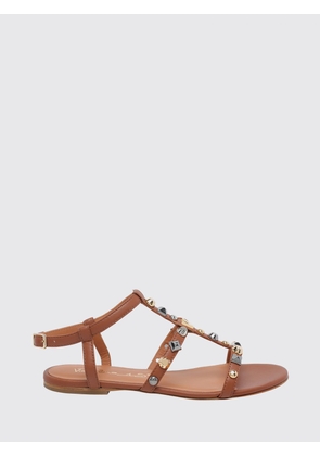VIA ROMA 15 Flat T-Strap Smooth Calfskin Leather Sandals with Stud Application