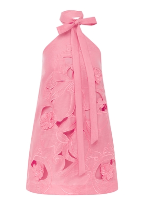 Leo Lin Lola Floral-Appliqued Linen-Blend Halter Mini Dress - Moda Operandi