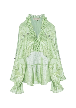 La Fuori Mistleaf Ruffled Printed Satin Cape Top - Moda Operandi