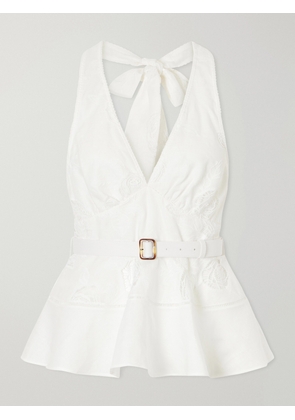 Self-Portrait - Belted Embroidered Linen And Cotton-blend Peplum Top - White - UK 4,UK 6,UK 8,UK 10,UK 12,UK 14