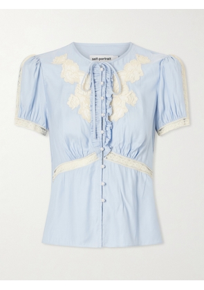 Self-Portrait - Ruffled Lace-trimmed Satin Blouse - Blue - UK 4,UK 6,UK 8,UK 10,UK 12,UK 14