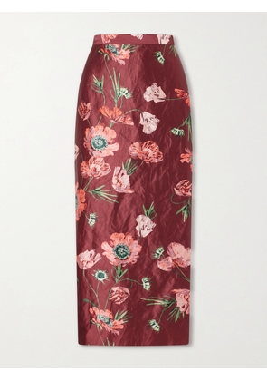 Erdem - Floral-printed Satin Midi Pencil Skirt - Burgundy - UK 6,UK 8,UK 10,UK 12,UK 14,UK 16,UK 20