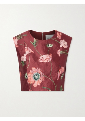 Erdem - Floral-print Crinkled Satin Cropped Top - Burgundy - UK 4,UK 6,UK 8,UK 10,UK 12,UK 14,UK 16