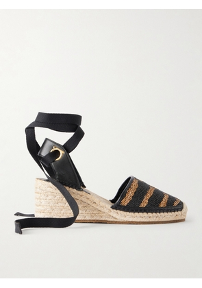 Ferragamo - Zanta Zebra 70 Leather-trimmed Woven Raffia Espadrillas Wedge - Animal Print - US5,US6,US6.5,US7,US7.5,US8,US8.5,US9,US9.5,US10,US10.5,US11