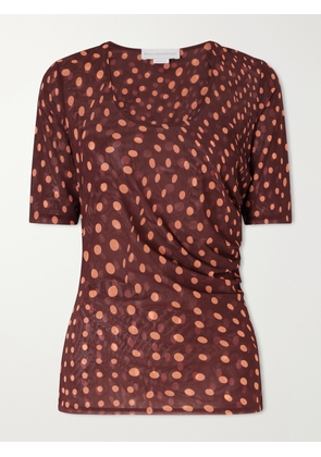 Stella McCartney - Gathered Polka-dot Mesh T-shirt - Burgundy - xx small,x small,small,medium,large,x large