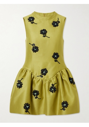 SHUSHU/TONG - Floral-appliqué Gathered Satin Mini Dress - Green - UK 4,UK 6,UK 8,UK 10,UK 12,UK 14