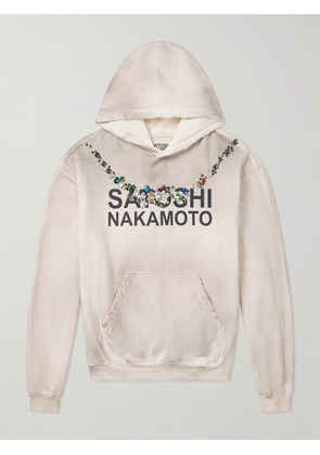 Satoshi Nakamoto - Necklace Logo-Print Embellished Distressed Cotton-Jersey Hoodie - Men - White - S