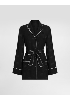 Dolce & Gabbana Long-sleeved Silk Satin Jacquard Pajama Shirt With Dg Logo - Woman Black 48