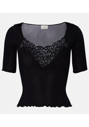 Saint Laurent Lace-trimmed ribbed-knit silk top