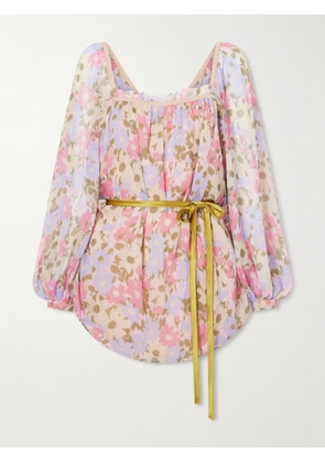 Valentino Garavani - Belted Floral-print Silk-georgette Blouse - Pink - IT36,IT38,IT40,IT42,IT44,IT46
