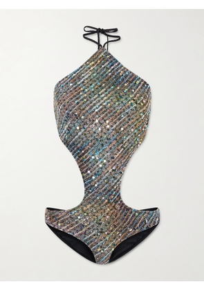 Missoni - Cut-out Sequin-embellished Striped Metallic Cotton-blend Halterneck Swimsuit - Blue - IT38,IT40,IT42,IT44,IT46,IT48