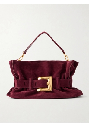 Balmain - Anthem Buckled Suede Shoulder Bag - Burgundy - One size