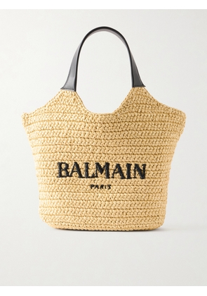 Balmain - Cabas Mini Leather-trimmed Raffia Shoulder Bag - Neutrals - One size