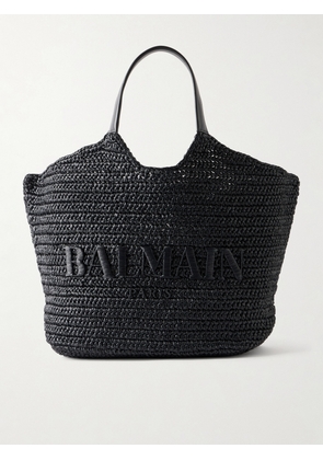Balmain - Cabas Large Logo-embroidered Leather-trimmed Raffia Shoulder Bag - Black - One size