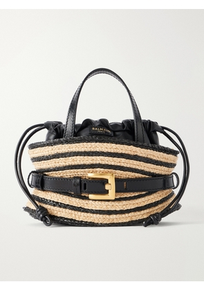 Balmain - Shuffle Mini Buckled Leather-trimmed Raffia Shoulder Bag - Black - One size