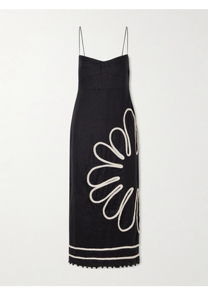 Cala de la Cruz - Paloma Bead-embellsihed Embroidered Linen Midi Dress - Black - x small,small,medium,large,x large