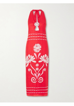 Cala de la Cruz - Orly Embellished Cutout Printed Linen Maxi Dress - Red - x small,small,medium,large