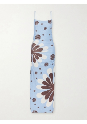 Cala de la Cruz - Kim Ruched Printed Metallic Jersey Maxi Dress - Blue - x small,small,medium,large