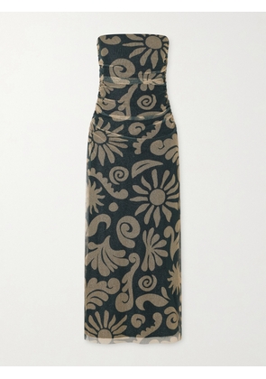 Cala de la Cruz - Daphne Ruched Printed Mesh Midi Dress - Black - x small,small,medium,large,x large