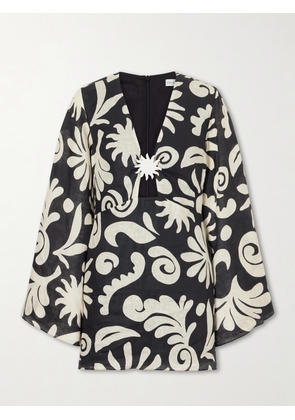 Cala de la Cruz - Vera Embellished Cutout Printed Linen Mini Dress - Black - x small,small,medium,large,x large