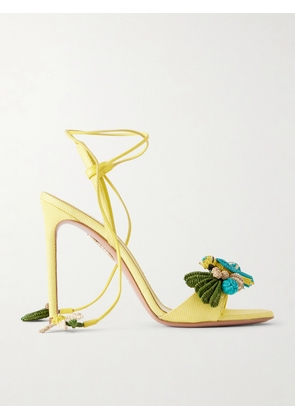 Aquazzura - Birdsong 105 Leather-trimmed Raffia Sandals - Yellow - IT36,IT36.5,IT37,IT37.5,IT38,IT38.5,IT39,IT39.5,IT40,IT40.5,IT41,IT41.5,IT42