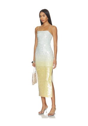 Alice + Olivia Delora Sequin Strapless Midi Dress in Blue,Yellow. Size 10. Also in 12, 4, 6, 8.