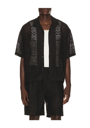 Honor The Gift Pointelle Crochet Camp Collar Shirt in Black. Size L. Also in M, S, XL/1X, XXL/2X.