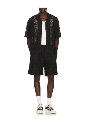 Honor The Gift Pointelle Crochet Camp Collar Shirt in Black. Size L. Also in S, M, XL/1X, XXL/2X.