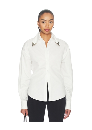 Markgong Tie-back Shirt With Metallic Pointed Collar in White. Size 34/2. Also in 36/4, 38/6, 40/8, 42/10.