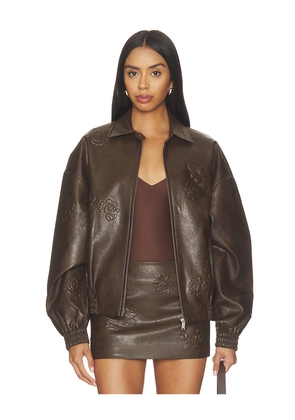 Markgong Faux Leather Floral Imprinted Baseball Jacket in Brown. Size 36/4. Also in 38/6, 40/8.