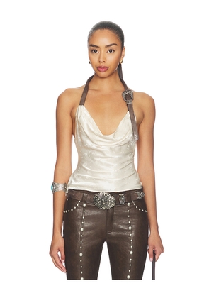 Markgong Metal Buckle Halter Cowl Neck Top in White. Size 34/2. Also in 36/4, 38/6, 40/8.