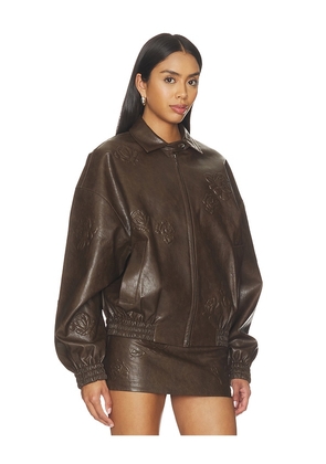 Markgong Faux Leather Floral Imprinted Baseball Jacket in Brown. Size 36/4. Also in 38/6, 40/8.
