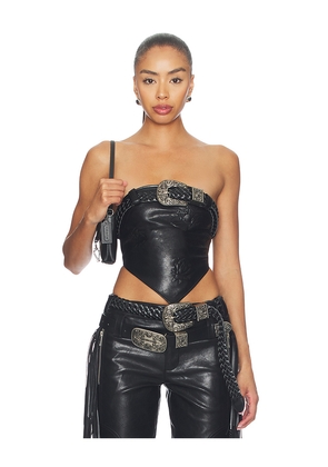 Markgong Faux Leather Floral Imprinted Tube Top With Detachable Belt in Black. Size 34/2. Also in 36/4, 38/6, 40/8, 42/10.