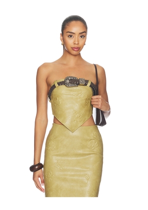 Markgong Dust Faux Leather Floral Imprinted Tube Top With Detachable Belt in Brown. Size 34/2. Also in 36/4, 38/6, 40/8, 42/10.