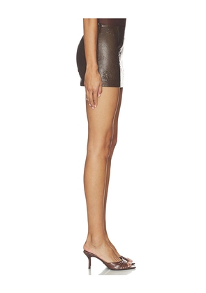 Markgong Faux Leather Floral Imprinted Mini Skirt in Brown. Size 34/2. Also in 36/4, 38/6, 40/8.