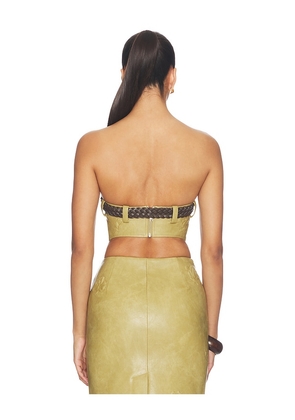 Markgong Dust Faux Leather Floral Imprinted Tube Top With Detachable Belt in Brown. Size 34/2. Also in 36/4, 42/10.