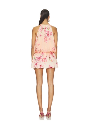 ROCOCO SAND Halter Blouson Mini Dress in Peach. Size L. Also in S, XS, M, XL, XXL.