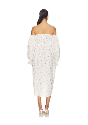 Sleeper Atlanta Linen Dress With Rose Detail in Cream. Size L. Also in XS, S, M.