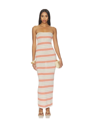 SNDYS Celia Shimmer Maxi Dress in Peach. Size L. Also in XXS, XS, S, M, XL, XXL.