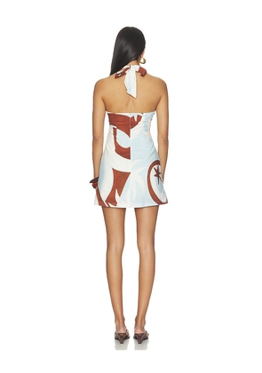 SEVEN WONDERS Rihanna Knot Halter Mini Dress in Blue. Size L. Also in XS, S, M, XL.