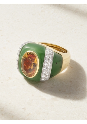 DAVID WEBB - Double Stripe 18-karat Gold And Platinum Topaz, Jade And Diamond Ring - Green - 6