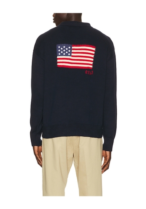 Polo Ralph Lauren Cotton Blend Novelty Flag 4-Button Placket Pullover Sweater in Navy. Size L. Also in S, M, XL/1X.