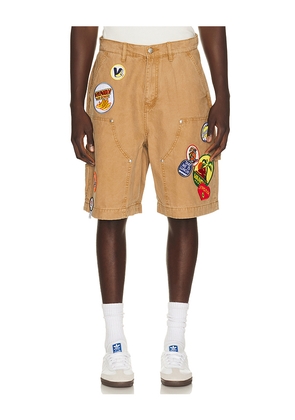 VANDYTHEPINK Patched Canvas Shorts in Brown. Size L. Also in XS, S, M, XL/1X.